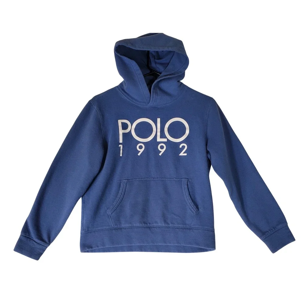 Polo Ralph Lauren 1992 Graphic Hoodie Boys L 14-16 Blue Pullover Sweatshirt